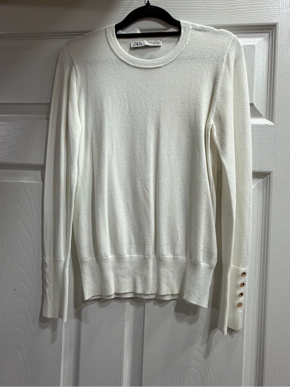 Zara Cream Long-Sleeve Crewneck Sweater with Button Cuffs